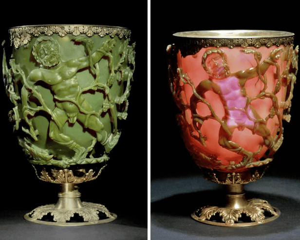 Scientists Rediscovered How the Romans Made Color-Shifting Glass A composite image showing the same glass vessel appearing to be both green and red.