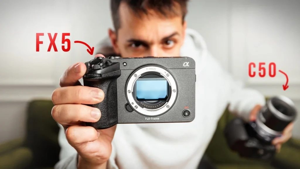 Sony FX5: Do Open Gate and Anamorphic Work? Man in white hoodie holds up a Sony full-frame camera body labeled FX5, with a camera labeled C50 at right.