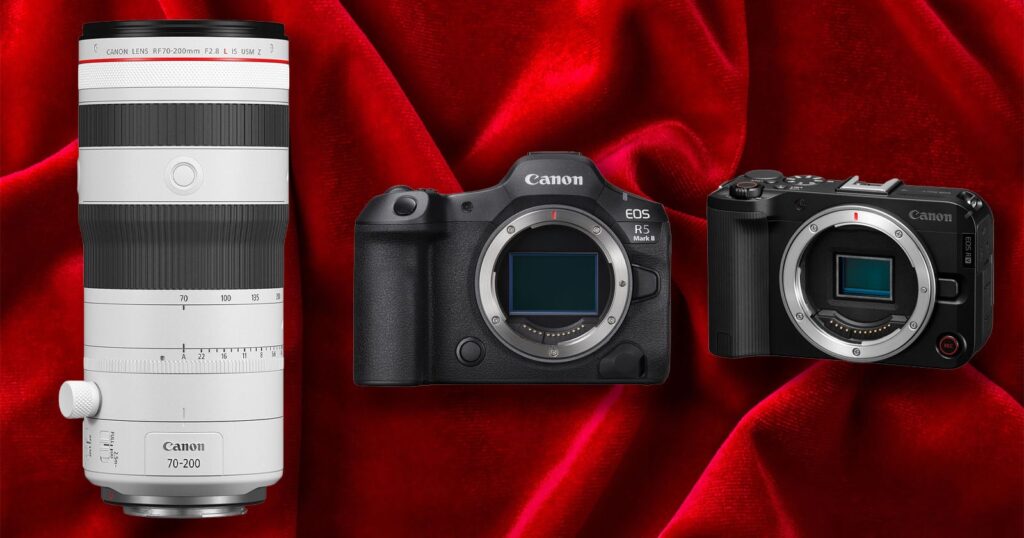 The Best Canon Camera and Lens Deals You Can Get Right Now A white Canon RF 70-200mm lens, a Canon EOS R5 Mark II camera body, and a Canon EOS R camera body are arranged against a red velvet background.