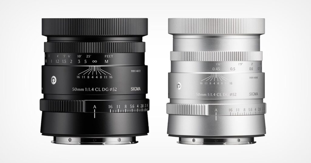 The Sigma 50mm f/1.4 CL DG Blends Vintage Aesthetics With Innovative Design Two Sigma 50mm 1:1.4 CL DG lenses, one in black and one in silver, standing side-by-side against a white background.