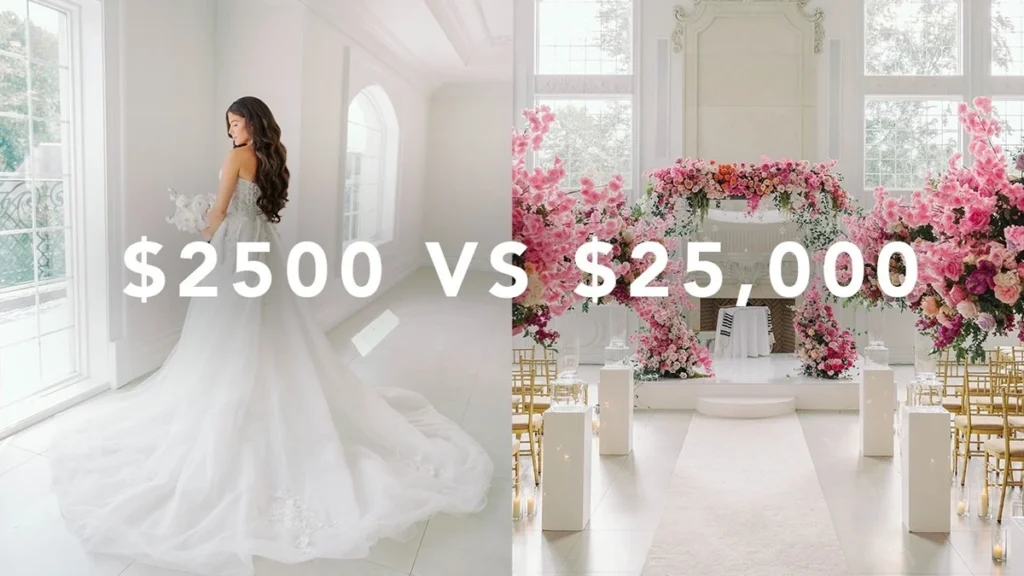 Split-screen comparison of wedding photography styled shoots at different budget levels