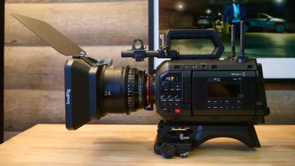 Why I Chose the Blackmagic URSA Cine 12K Blackmagic cinema camera with SmallRig matte box and 24mm cine lens mounted on a wooden table