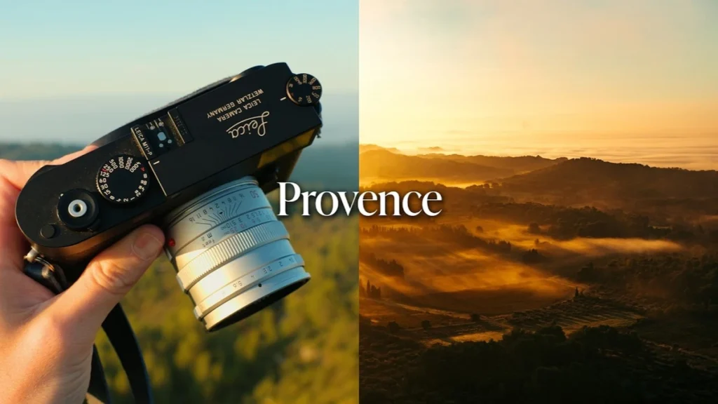 Why Photography Taste Beats Technical Settings Hand holding a black Leica rangefinder camera with silver lens, beside a misty golden-hour valley labeled Provence.