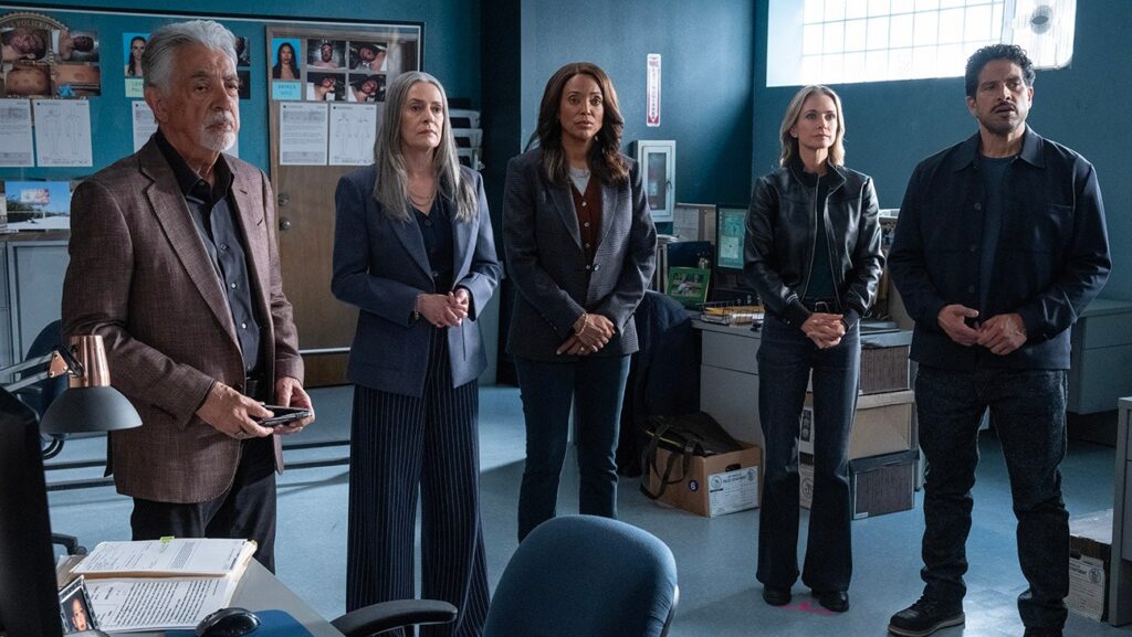 L-R: Joe Mantegna as David Rossi, Paget Brewster as Emily Prentiss, Aisha Tyler as Dr. Tara Lewis, A.J. Cook as Jennifer ‘JJ’ Jareau, and Adam Rodriguez as Luke Alvez in Criminal Minds: Evolution, season 20